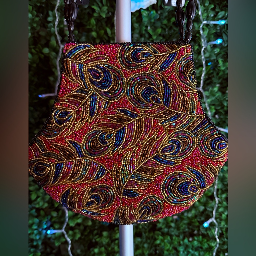 Vintage LA REGALE Black and Multicolor Beaded PEACOCK.